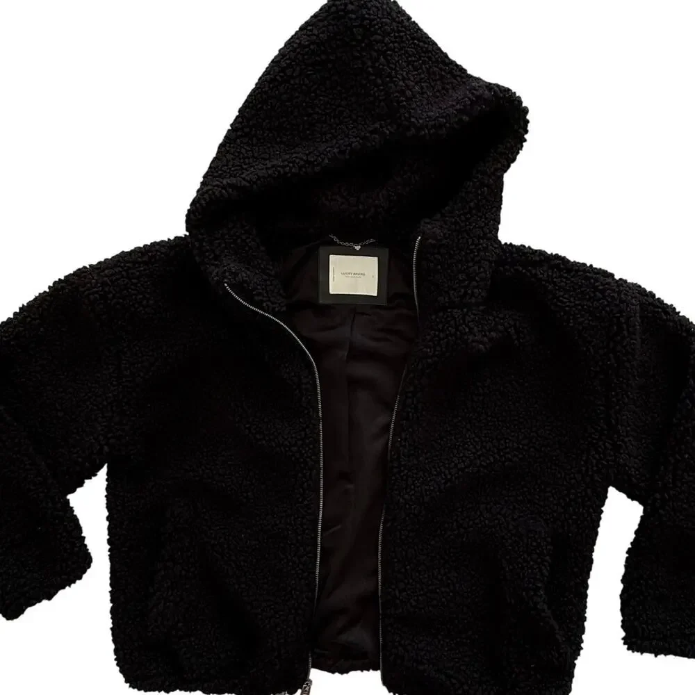 Lucky Brand Black Teddy Sherpa Hooded Jacket Women’s L Oversized Full Zip Cozy - Picture 3 of 16